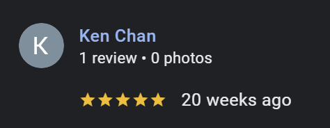 Screenshot of a review profile showing one review by Ken Chan, no photos, five-star rating, and the review was posted 20 weeks ago.