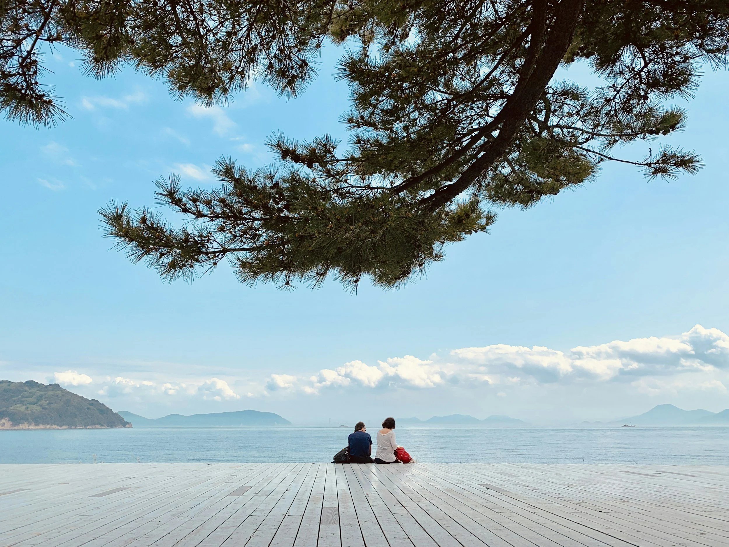 Two people sitting on a wooden dock by the water, with a large pine tree overhead and mountains in the distance under a partly cloudy sky.