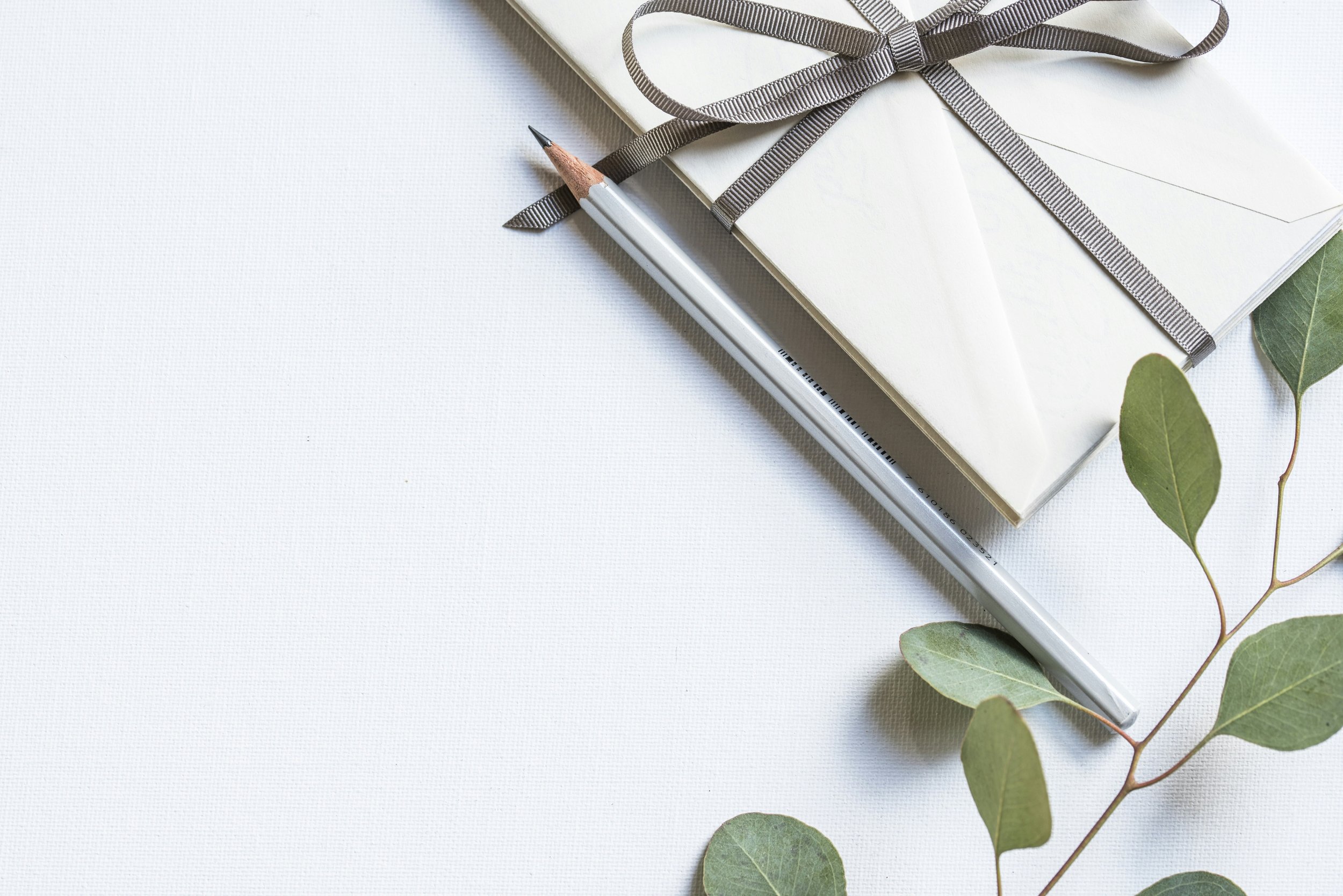A wrapped gift with a gray ribbon, a silver pen, and green leaves on a white textured background.