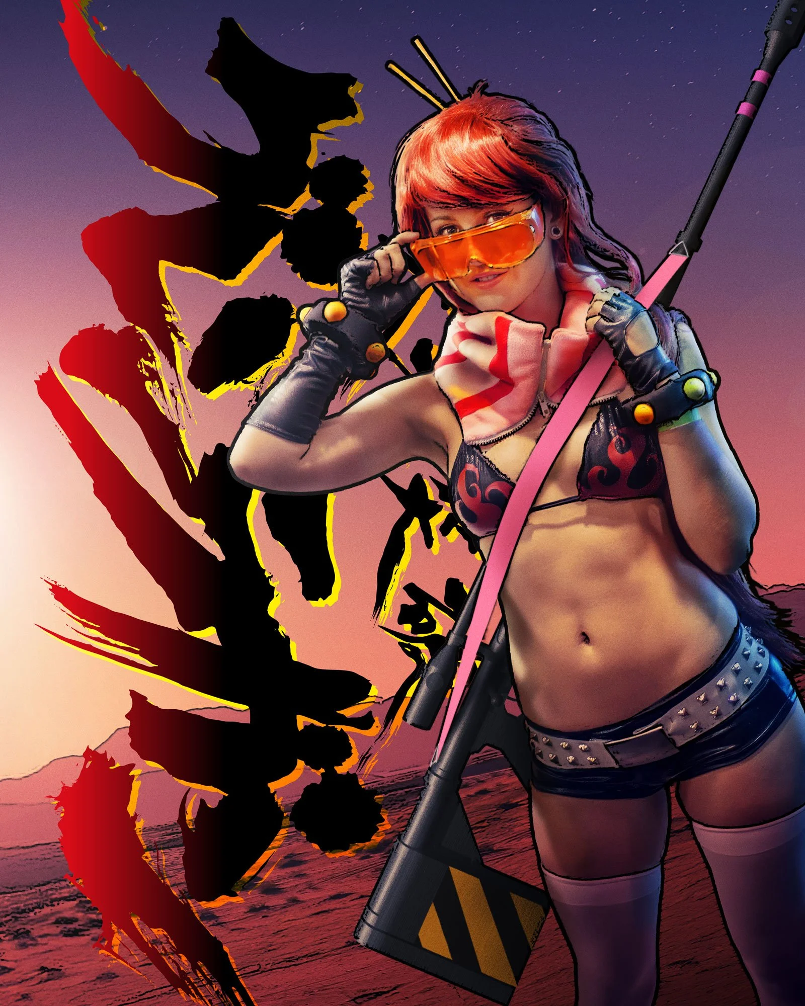 A woman with red hair wearing orange sunglasses, metallic gloves, a padded bracelet, and a studded belt, holding a hockey stick, standing in front of a sunset over the ocean with digital graffiti art of a butterfly and a silhouette of a person in the