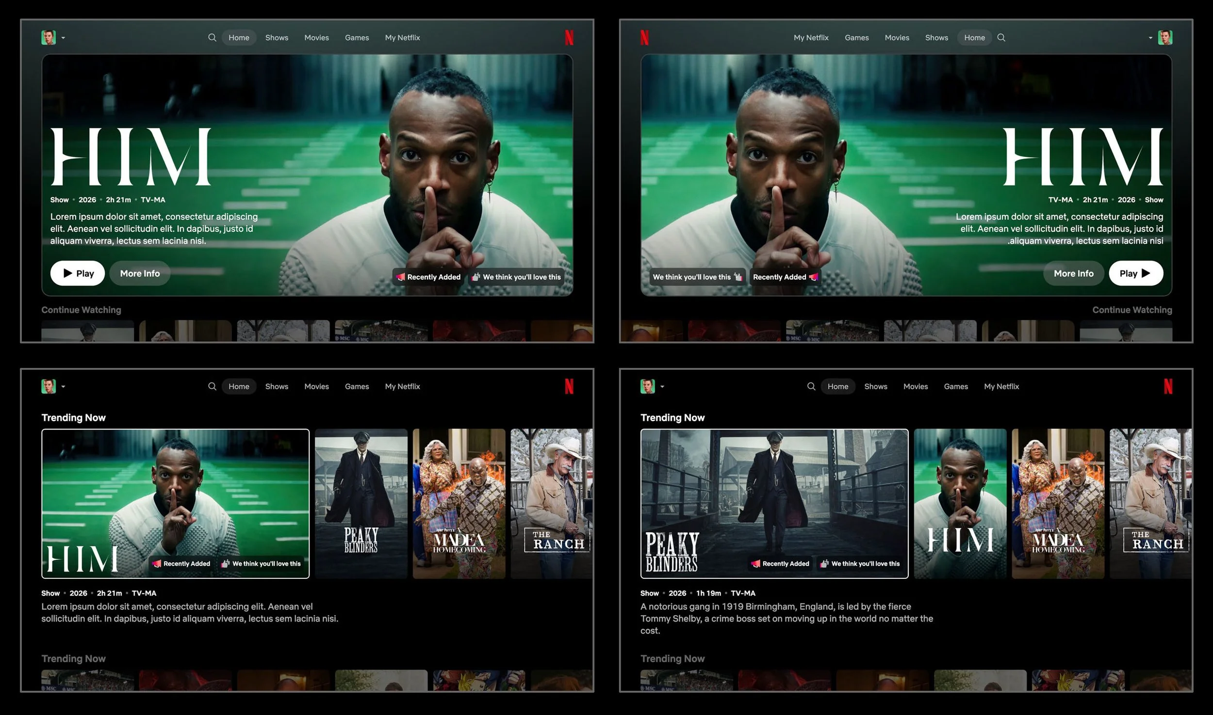 Four screenshots of a Netflix webpage featuring a man making a shushing gesture with his finger in front of his lips, displayed in a grid pattern. The webpage highlights the show "HIM" with details such as genre, duration, and a brief description.