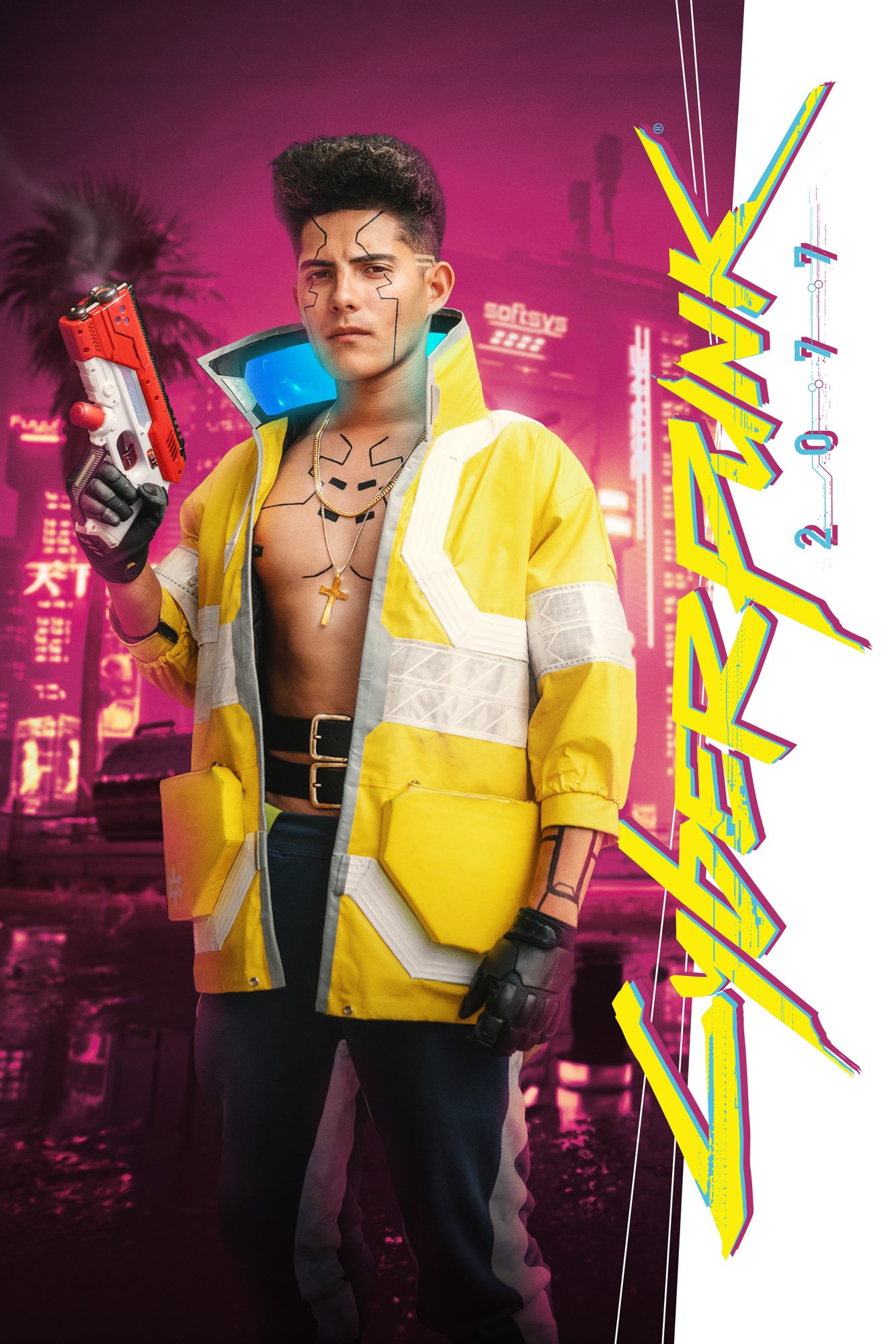 A young man with a serious expression, holding a futuristic red and white toy gun, standing in front of a neon-lit cyberpunk cityscape background with pink and purple lights and palm trees, wearing a yellow jacket with reflective strips and black glo