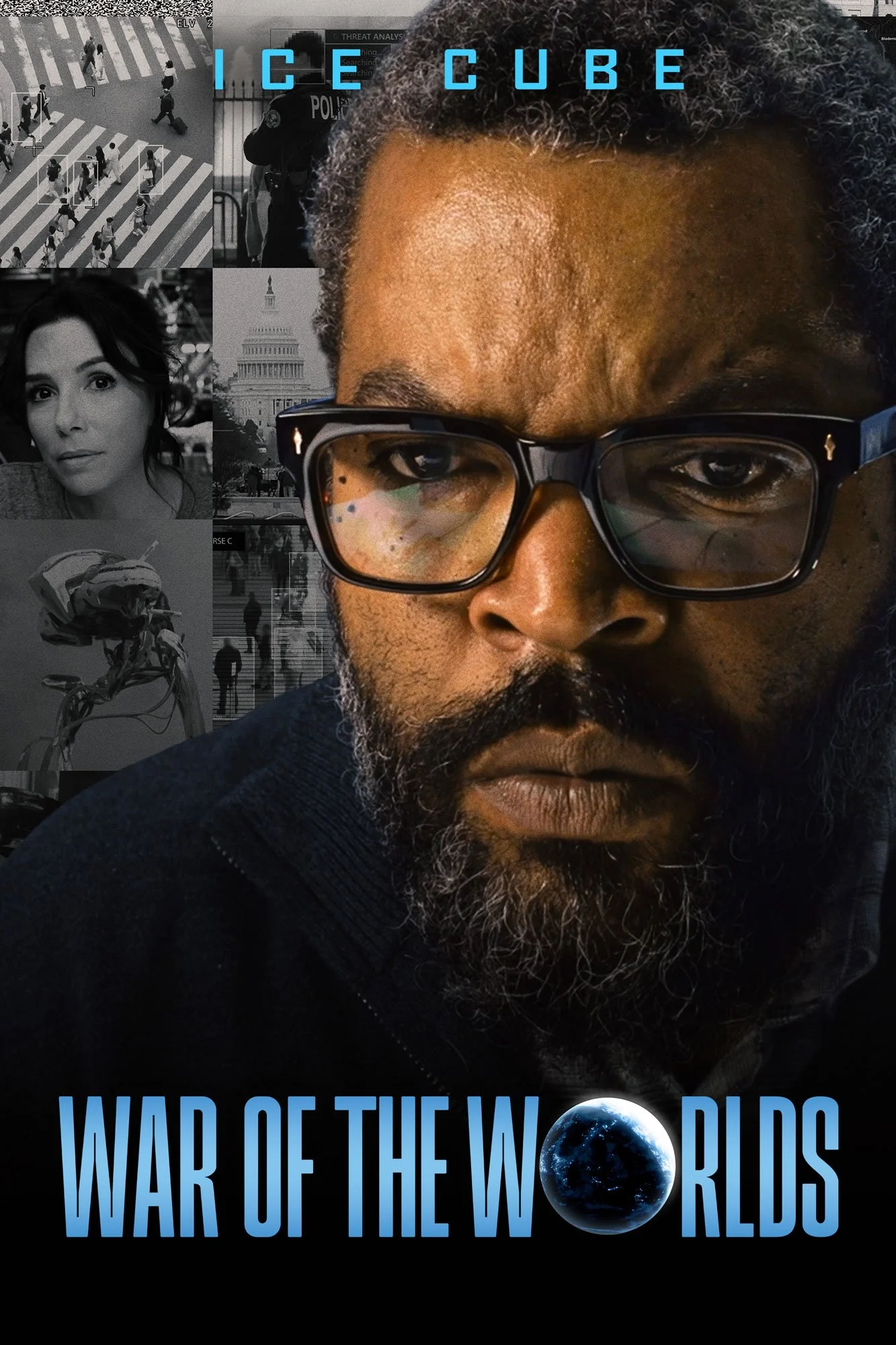 A man wearing glasses is in the foreground of the image, with a collage of black and white city scenes and a woman in black and white in the background. The words "WAR OF THE WORLDS" are displayed at the bottom with an image of Earth.