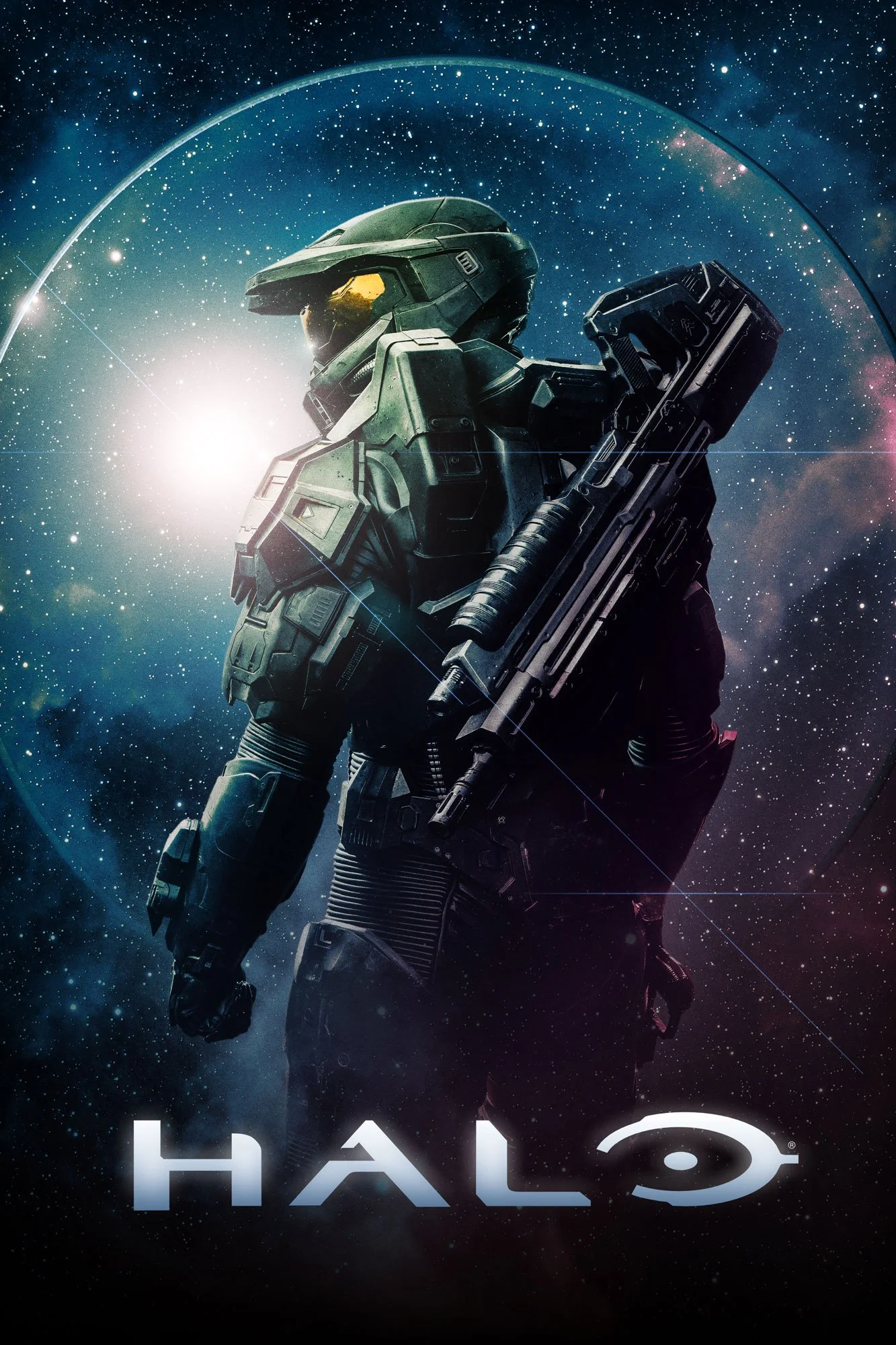 A space-themed video game poster featuring a soldier in green armor with a large weapon, standing in space with stars and galaxies in the background. The title 'Halo' is partially visible at the bottom.