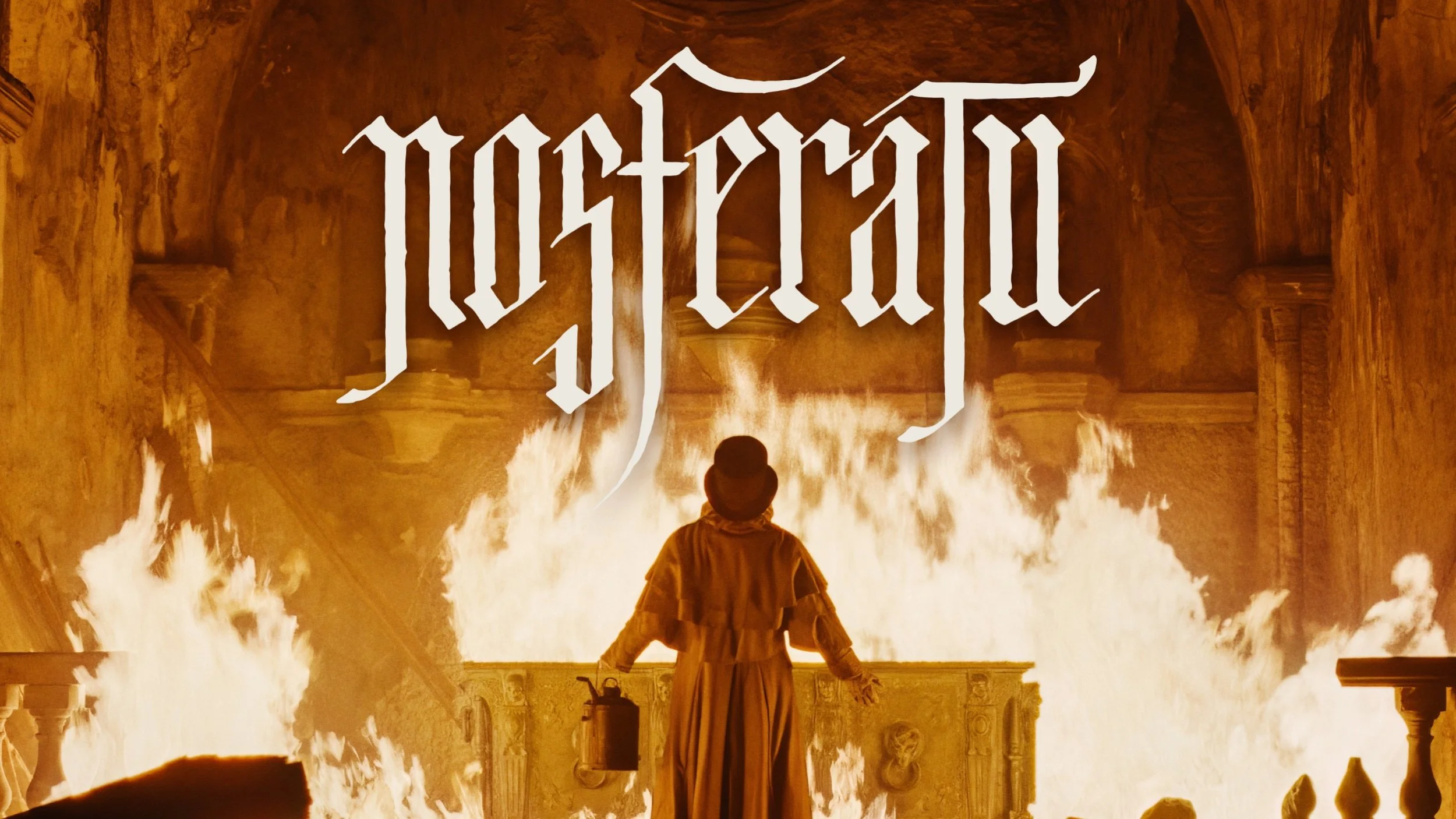 A person stands with arms outstretched in front of a large, fiery explosion inside a grand, ornate hall. The hall features high ceilings, classical architectural details, and large windows. Over the scene, the word "Mother" is written in stylized, wh