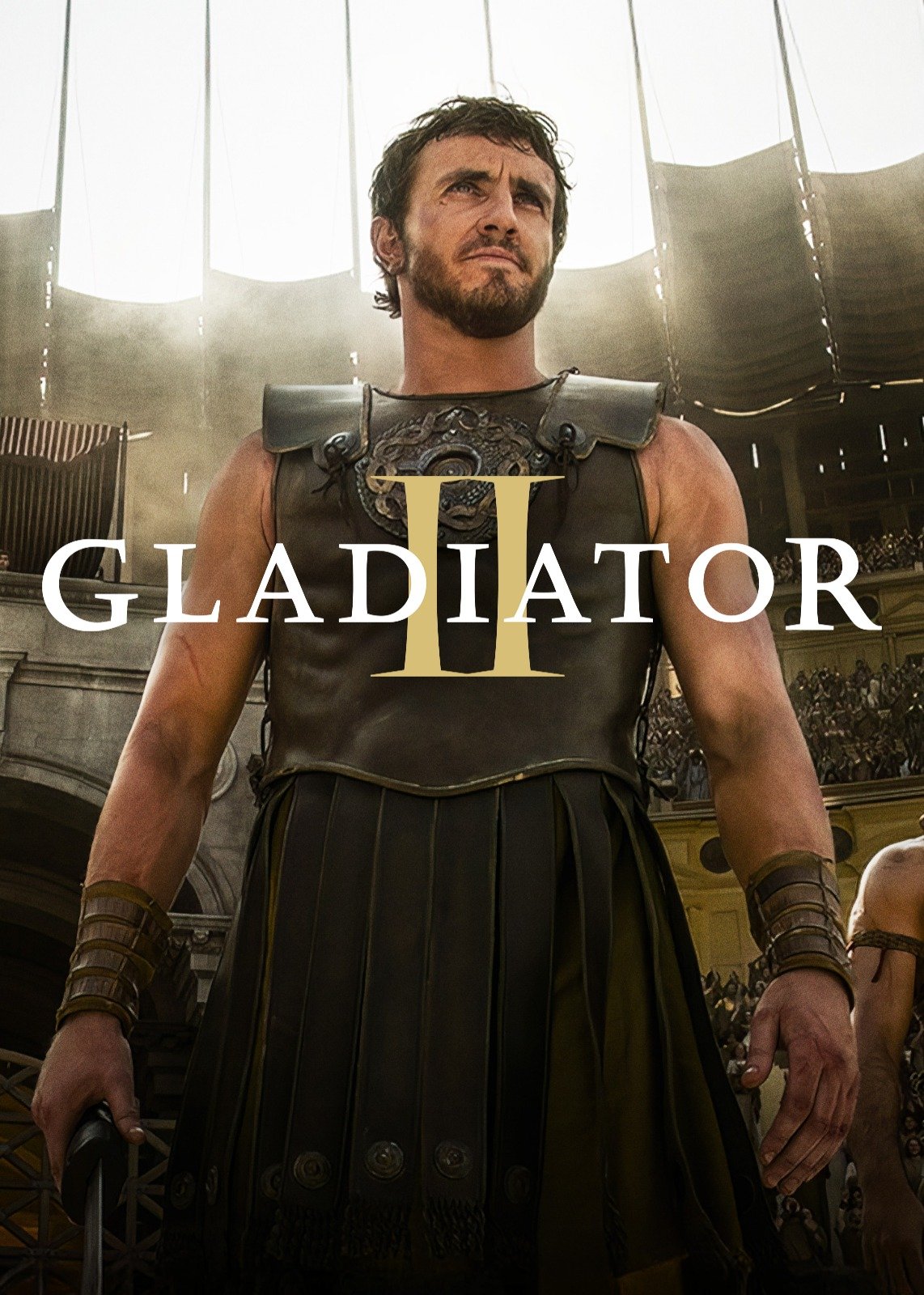 A man dressed as a gladiator standing in an arena with a crowd in the background, with the logo 'Gladiator II' overlaid.