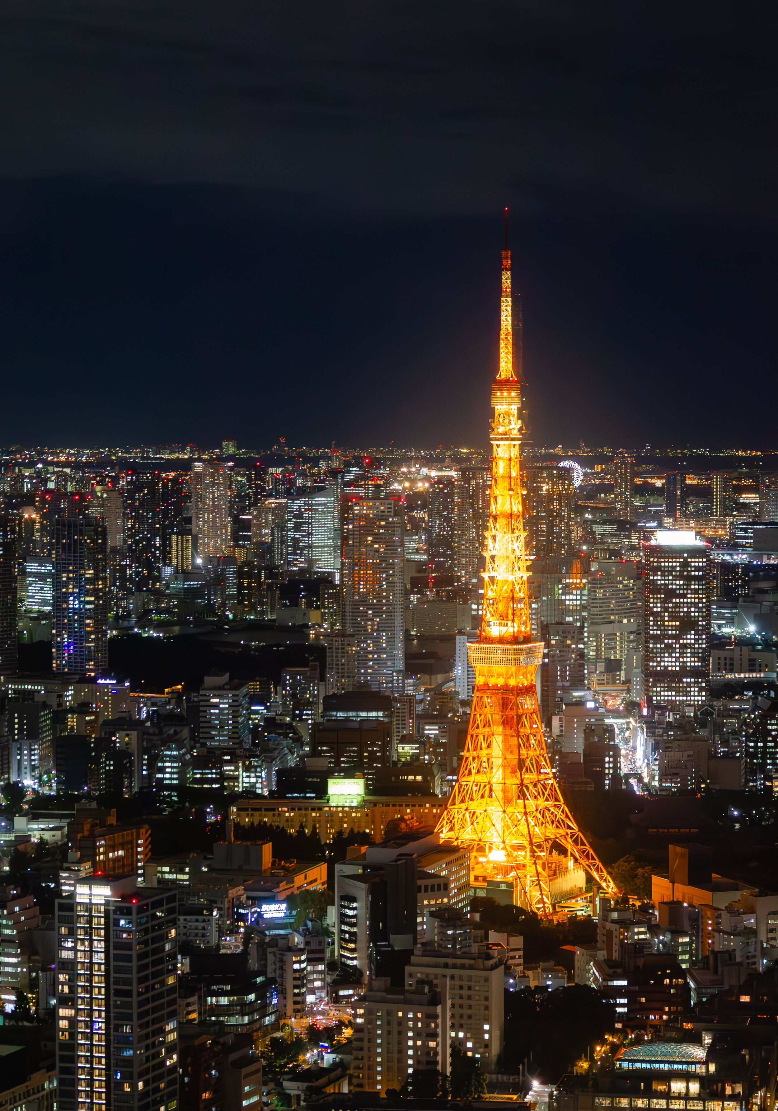 Nighttime cityscape of Tokyo with illuminated Tokyo Tower in the foreground and skyscrapers in the background.