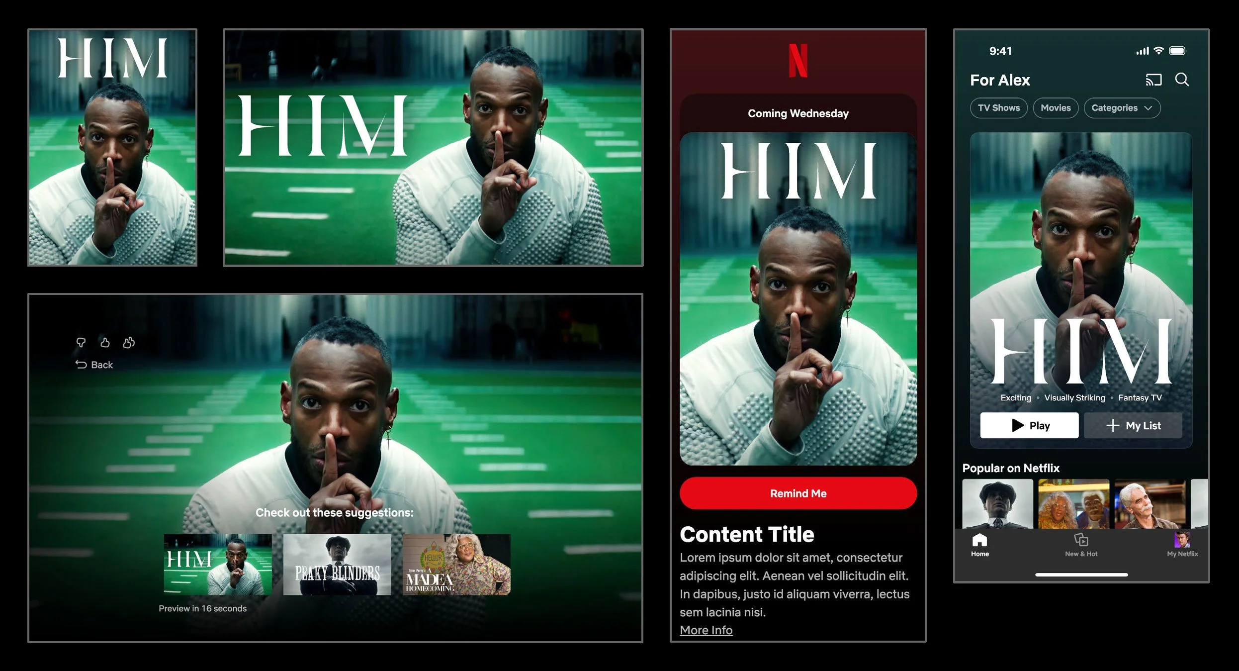 A collage of four images showing a man making a 'shh' gesture, with a green indoor stadium in the background. The collage also includes screenshots of a mobile app interface featuring the same man, promoting a Netflix show titled 'HIM' with options to play or add to a list, and additional suggested content.