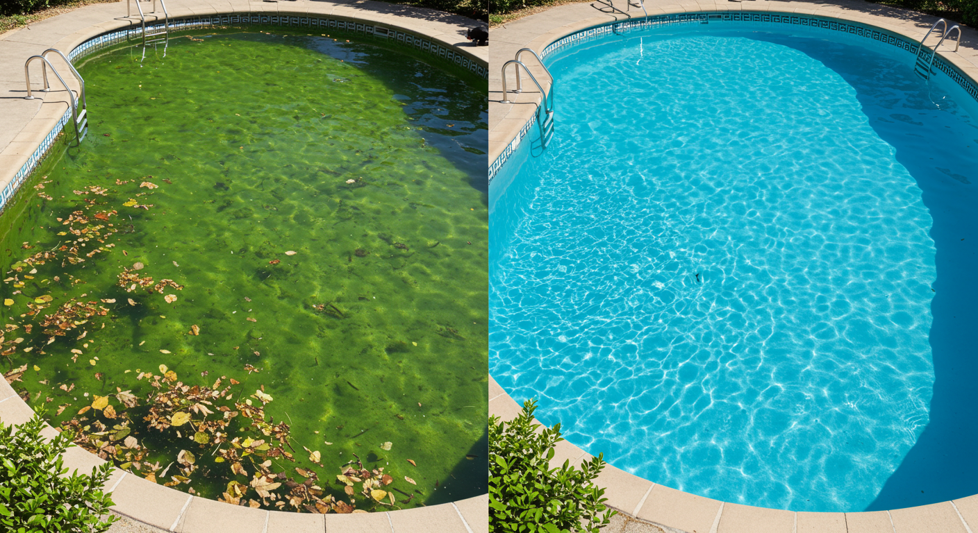 Illustration comparing a residential pool with green water and floating leaves with clear blue pool water.