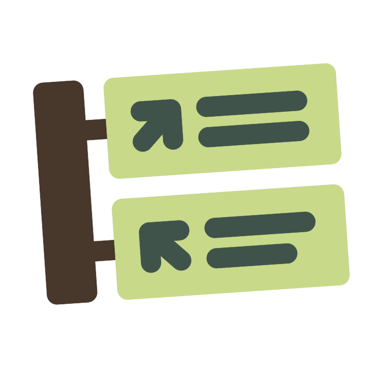 Illustration of a directional road sign with two green panels, each displaying an arrow pointing left and corresponding text, attached to a brown pole.