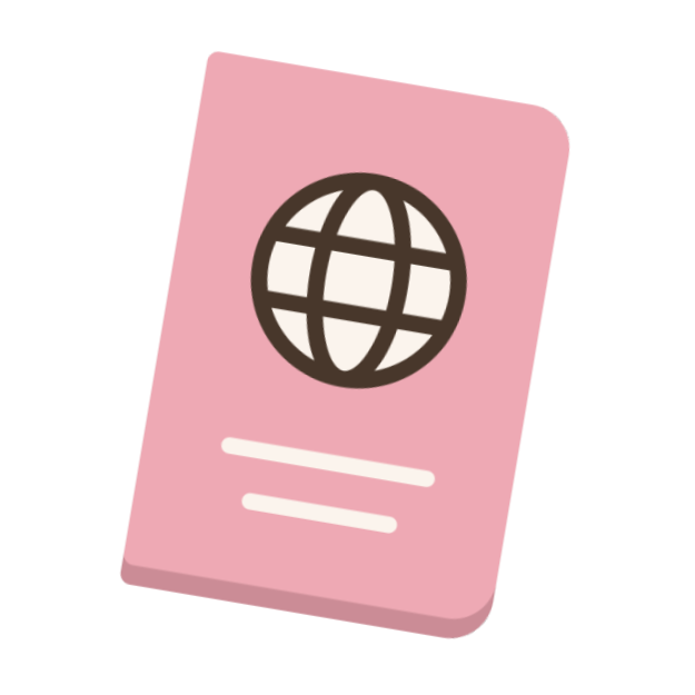 Pink travel document or passport with a globe icon on the cover.