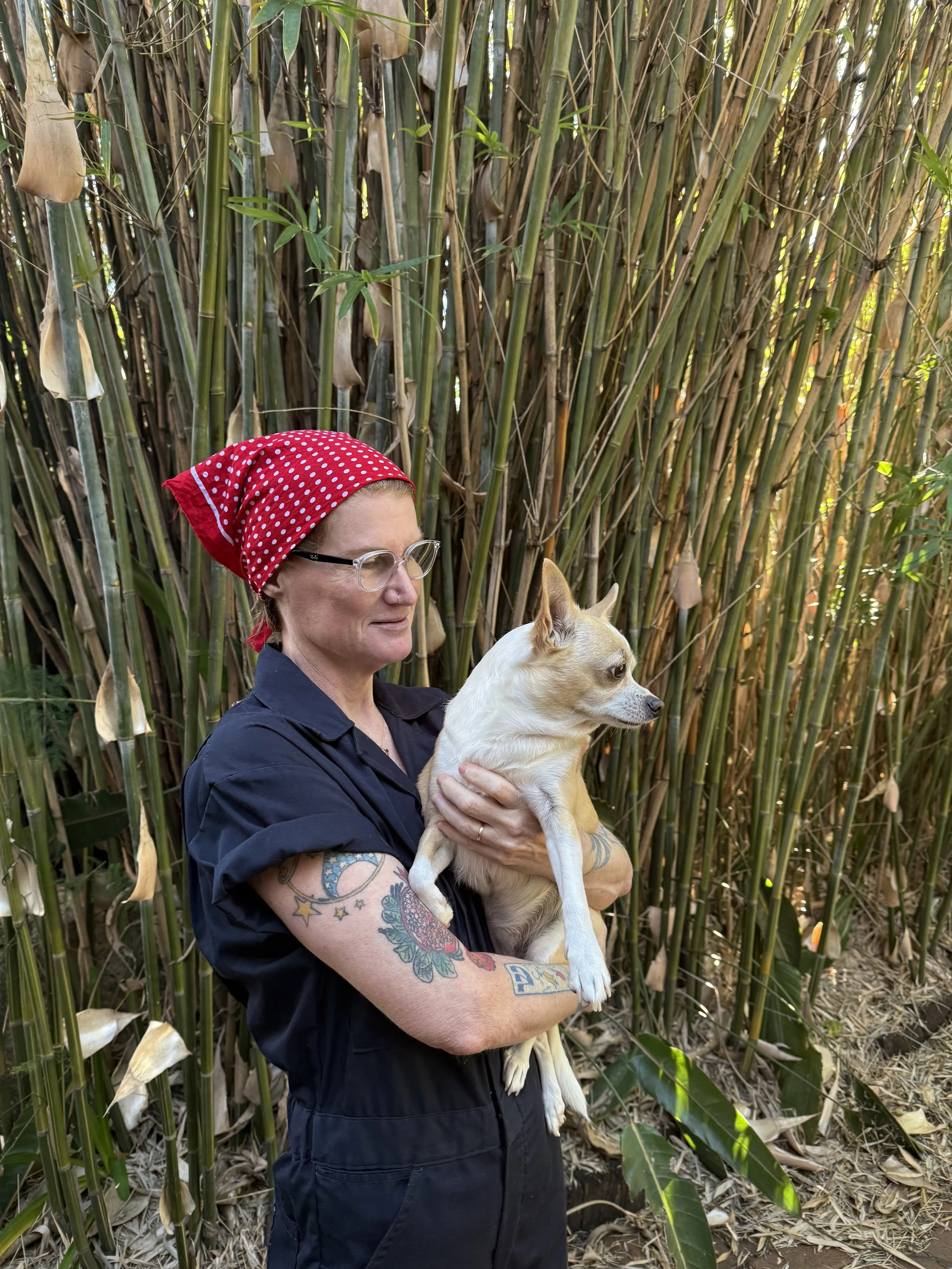Woman with tattoos on her arms, wearing glasses and a red bandana, holding a chihuahua