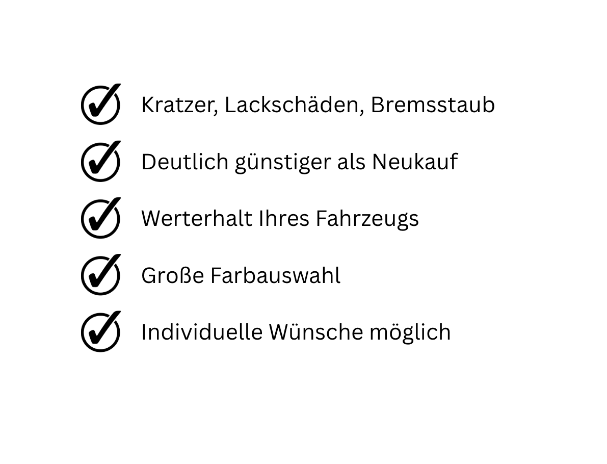 Eine Liste mit fünf Punkten, jeder Punkt hat ein Häkchen und beschreibt Vorteile oder Eigenschaften, z.B. Kratzer, Lackschäden, Bremstaub, günstiger als Neuwagen, Wert des Fahrzeugs, große Farbauswahl, individuelle Wünsche möglich.