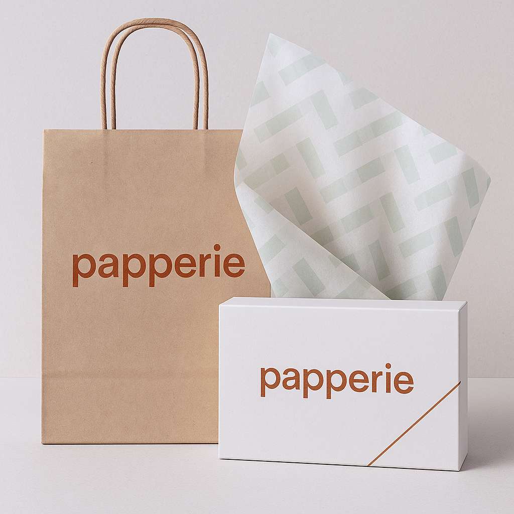 Custom Paper Bags 
Size: Customizable Paper Materials: Artcard, Kraft Paper, Black Card Finishes: Gloss/Matte Lamination, Aqueous Coating, Stamping, Debossing/ Embossing, Textured , Spot UV Handle Materials: Ribbon, Grosgrain, Cotton MOQ: 1000 units