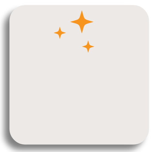 Black square icon with rounded corners, featuring four orange sparkles at the top.