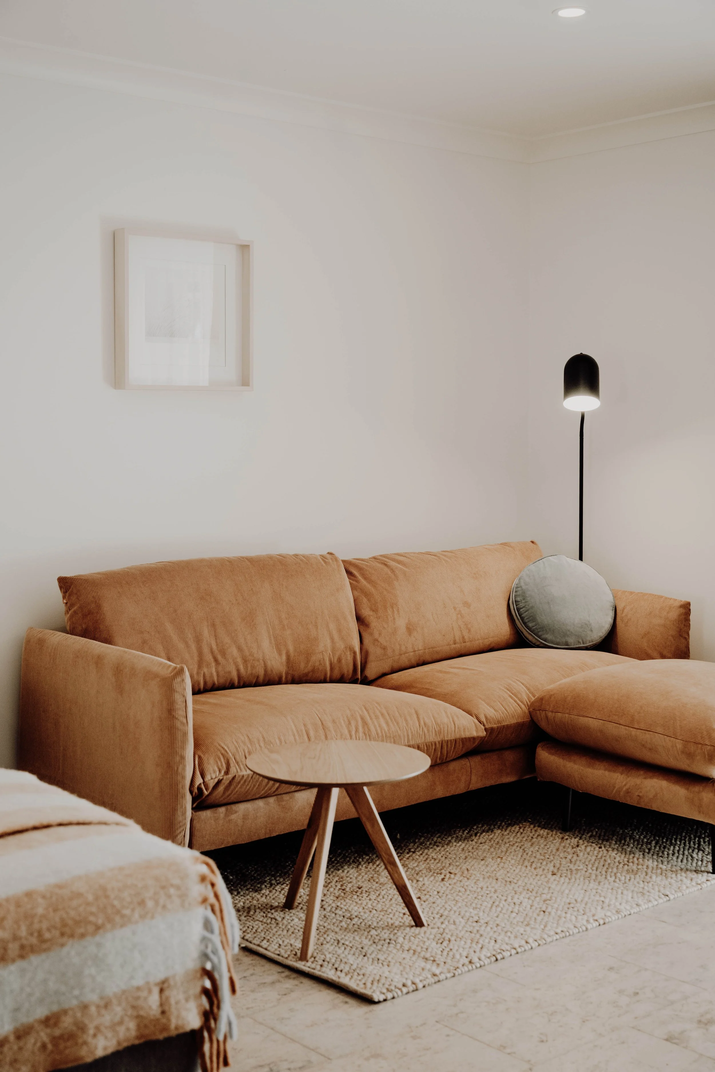 A living room with a brown sofa, a round wooden coffee table, a textured area rug, a black floor lamp, and a framed picture on a white wall.