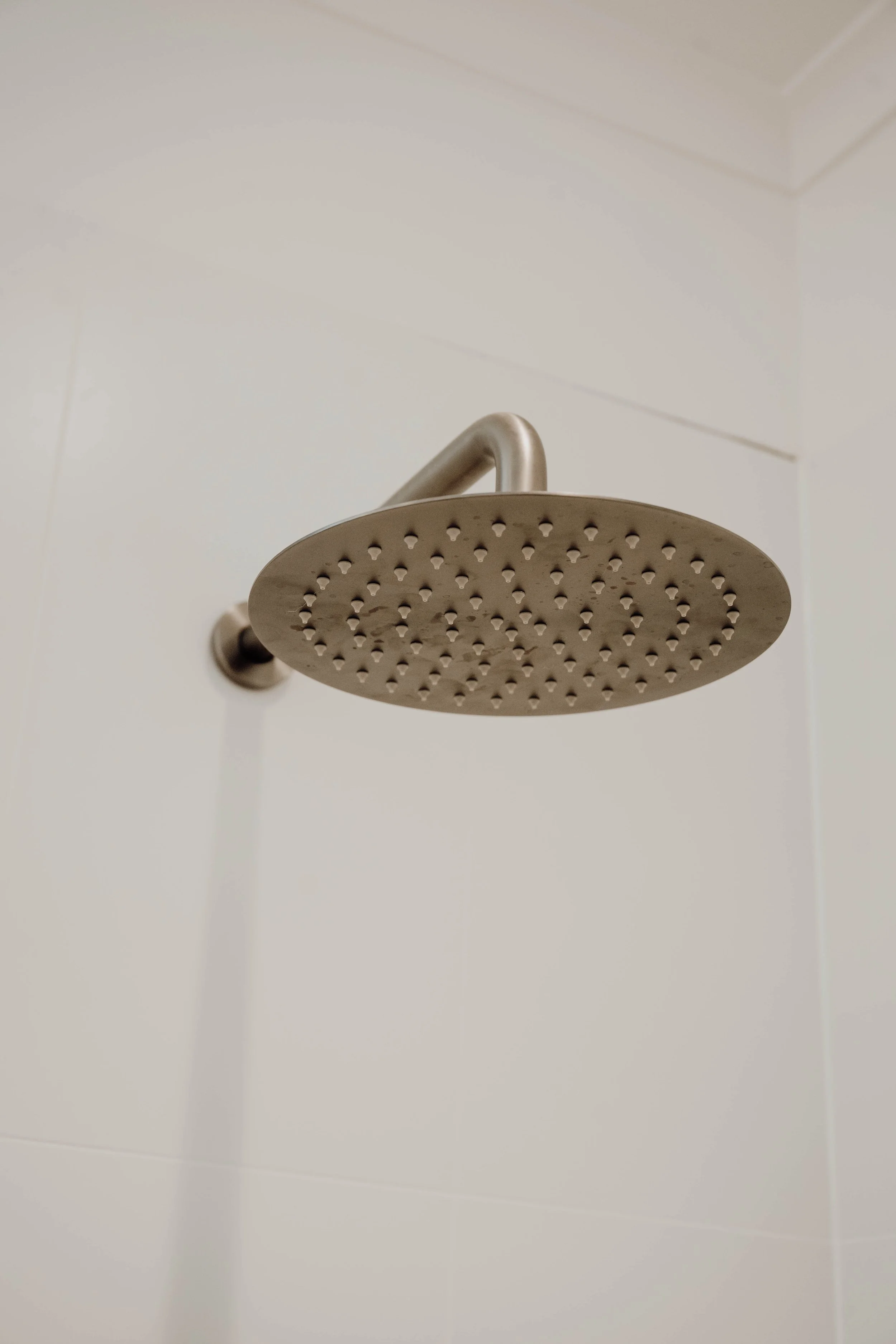 Close-up of a metallic showerhead mounted on a white tiled wall ceiling.