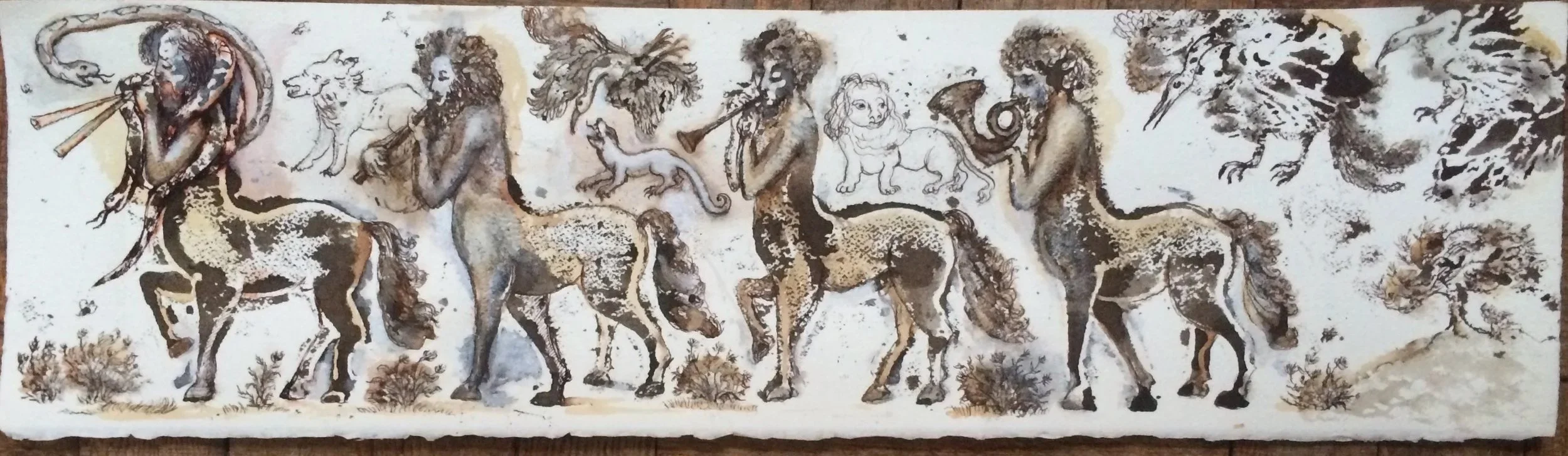 Journey in an Ancient Park;
pen, ink, and black tea on paper