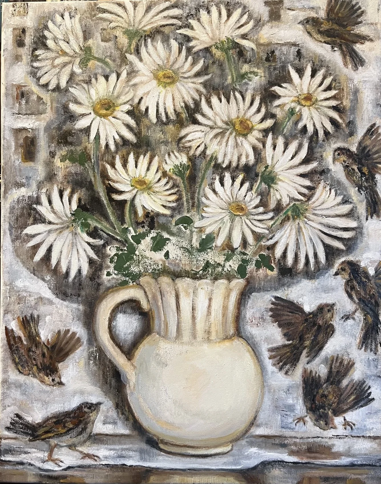 Melting snow behind the window; oil on canvas; 16x20"