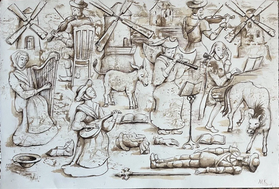 Lament for Don Quixote; ink on paper, 22x15"