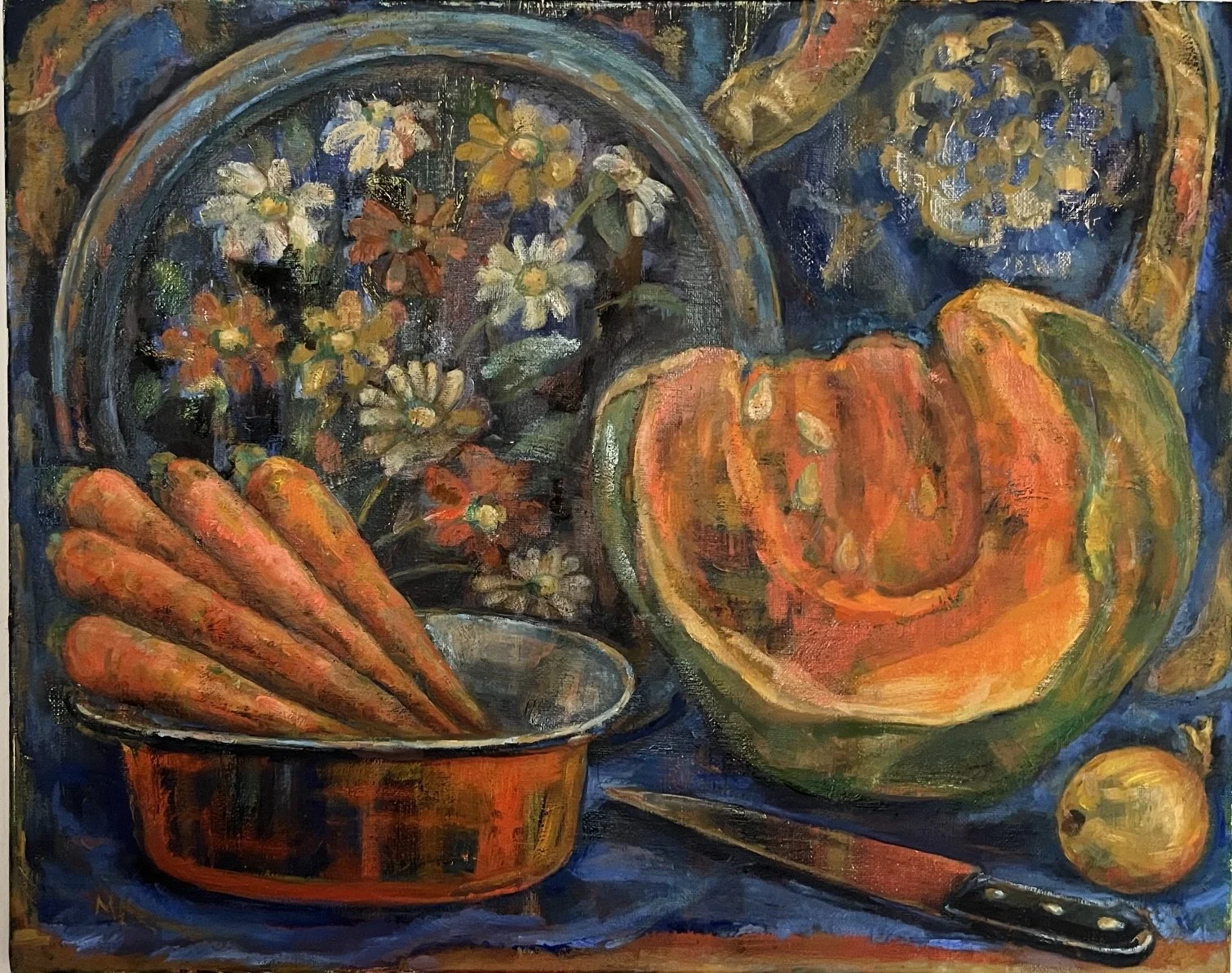 Still Life with Carrots and Calabaza; oil on canvas; 20x16"