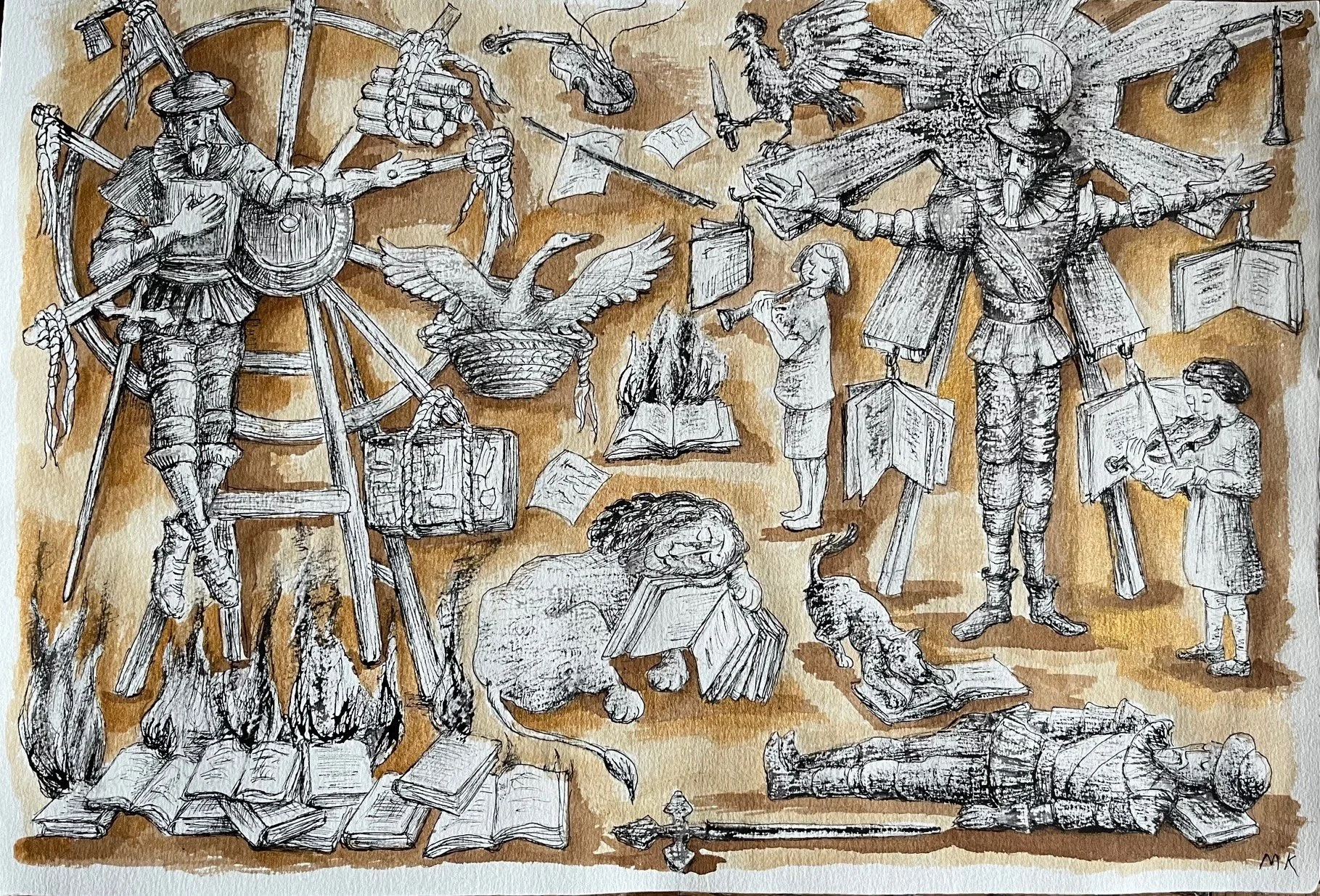 The Passion of Don Quixote 2; ink and watercolor on paper; 22x15"