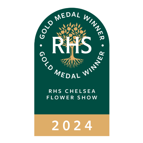 Green and tan gold medal banner for RHS Chelsea Flower Show 2024, with a gold tree emblem, and text indicating gold medal winner.
