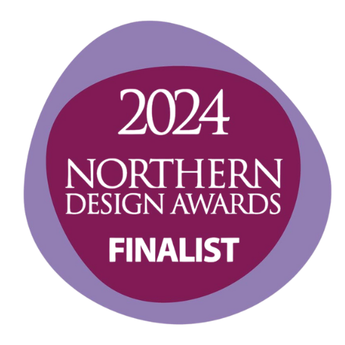 Award badge for 2024 Northern Design Awards finalist with a purple border and text.