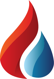 A colorful flame and water logo with red, orange, and blue hues.