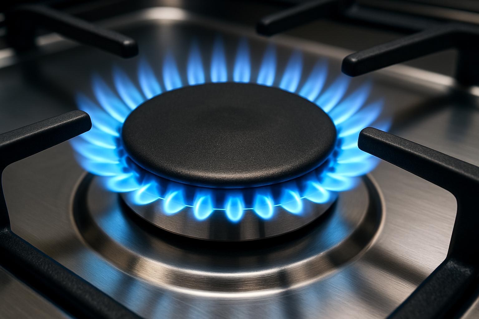Close-up of a lit gas stove burner with blue flames and a black cast iron grate.