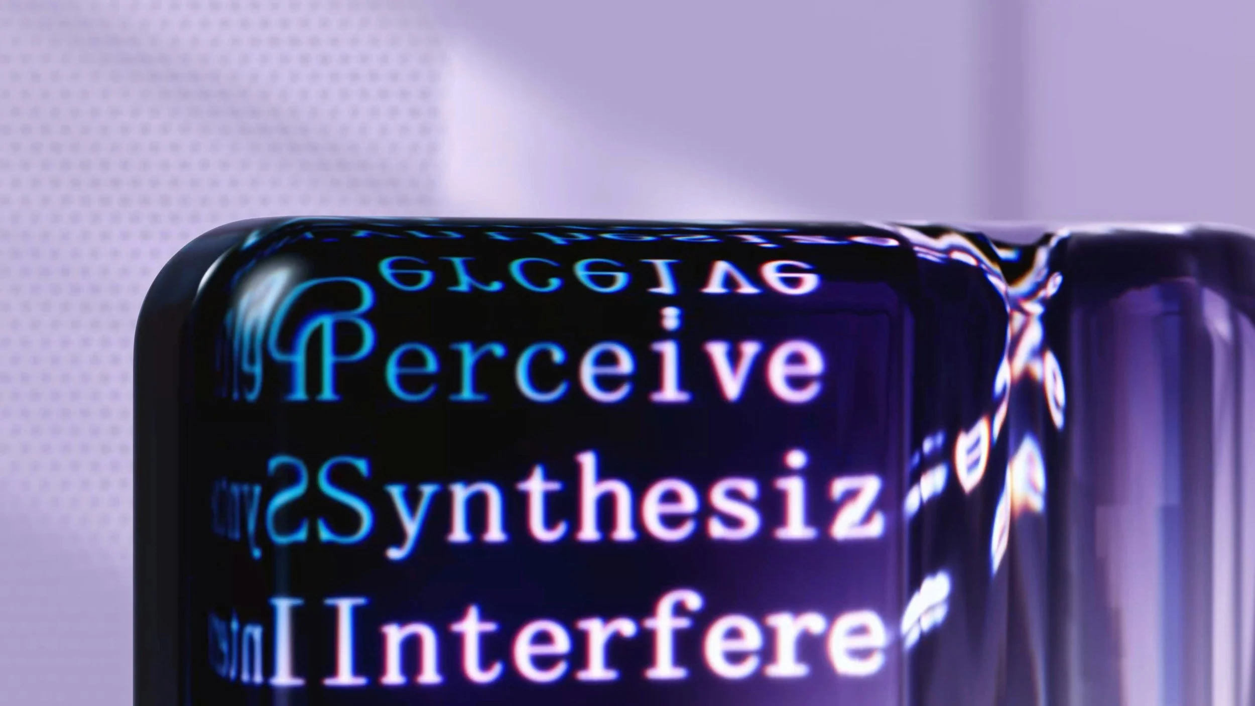 Close-up of a computer screen displaying overlapping text related to technology, with words including 'Perceive,' 'Synthesize,' and 'Interfere'