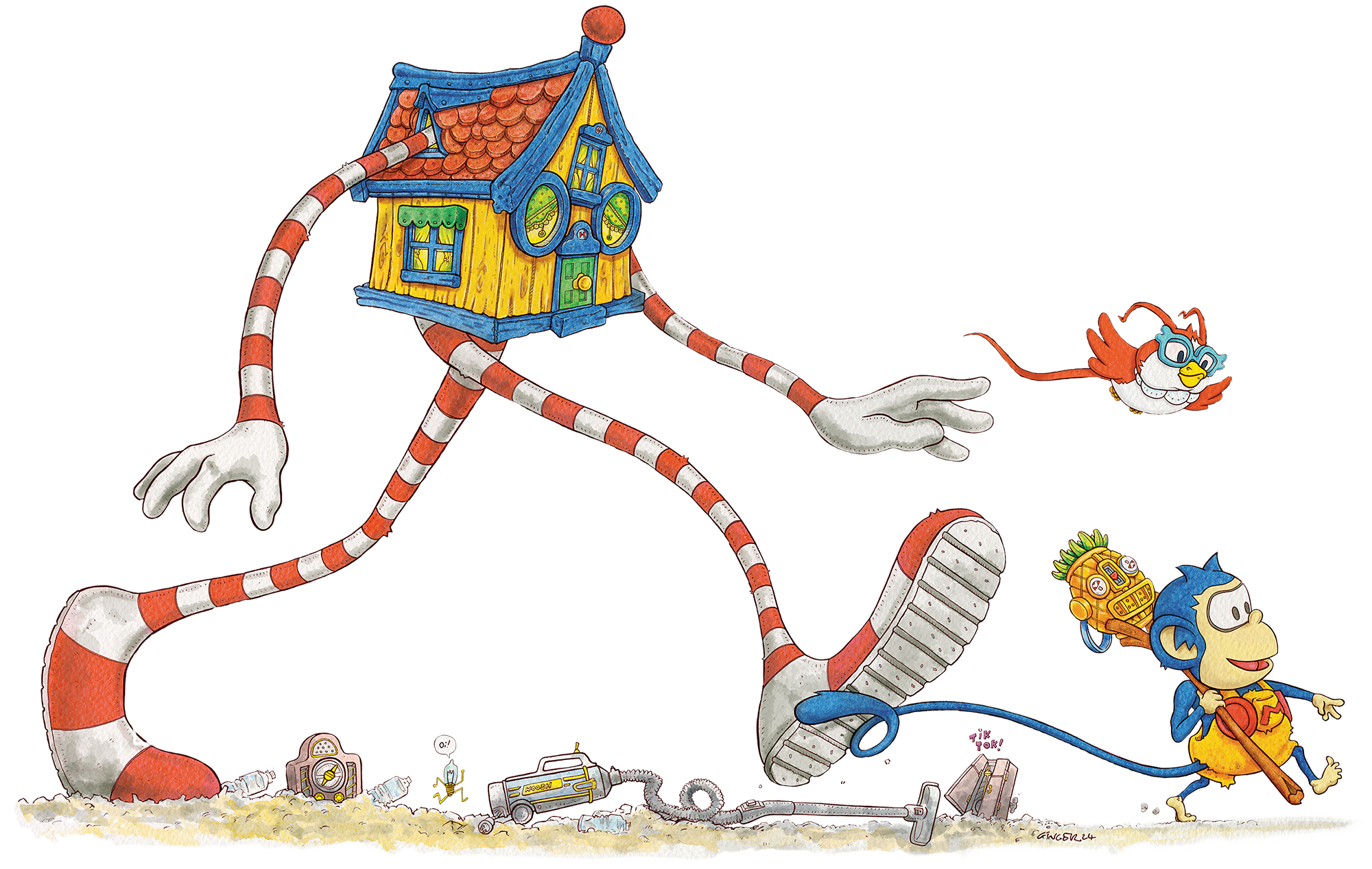 Illustration of Moop, House, Birdie walking through the Jumble Jungle in in a new eco-adventure book series Moop the Monkey that gets kids curious about Thoughtful Consumption. Flagship IP from Blue Tale Entertainment from Susie Chow and Alex Noble.
