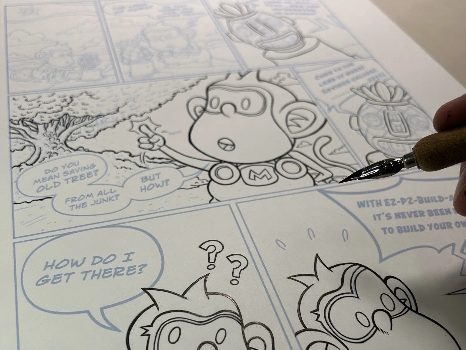 Moop the Monkey comic page black and white illustration, Thoughtful Consumption, graphic novel, children's book, water color illustrations, manga, Jumble Jungle, Susie Chow, Alex Noble, Blue Tale Entertainment