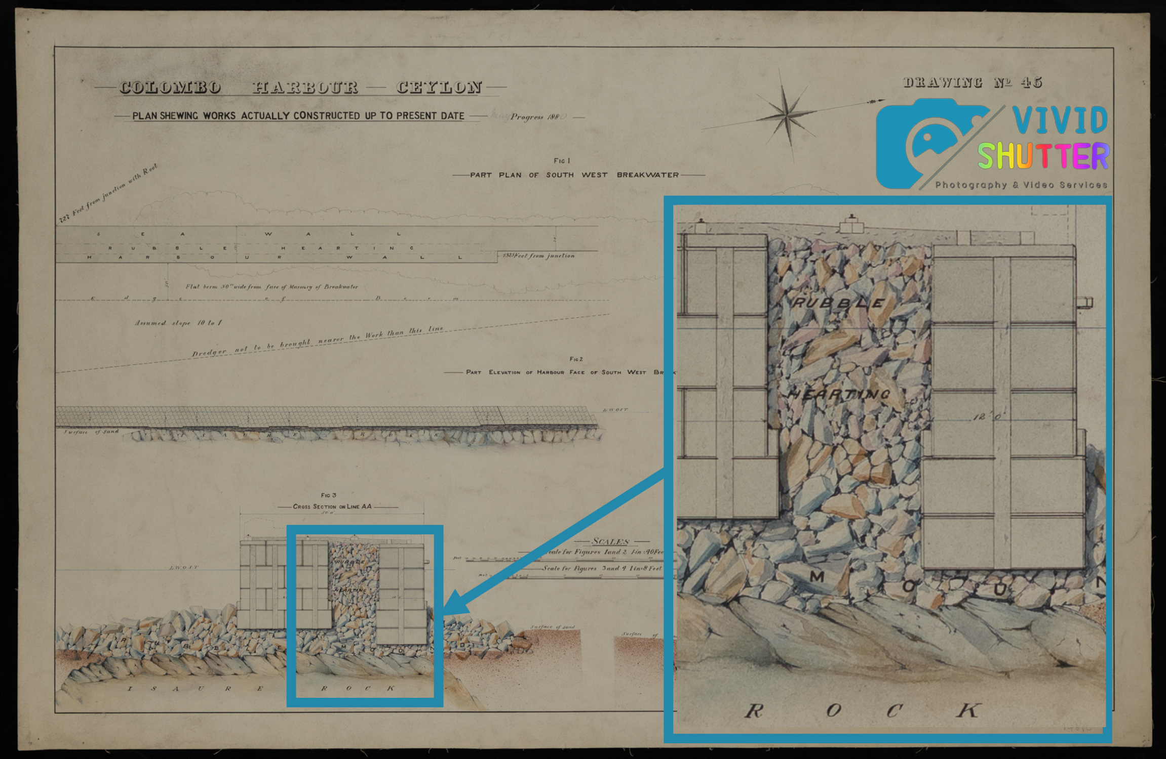 Technical drawing of seawall construction at Colombo Harbour, Ceylon, showing plans, elevations, and cross-section of rocks and rubble used in the seawall.
