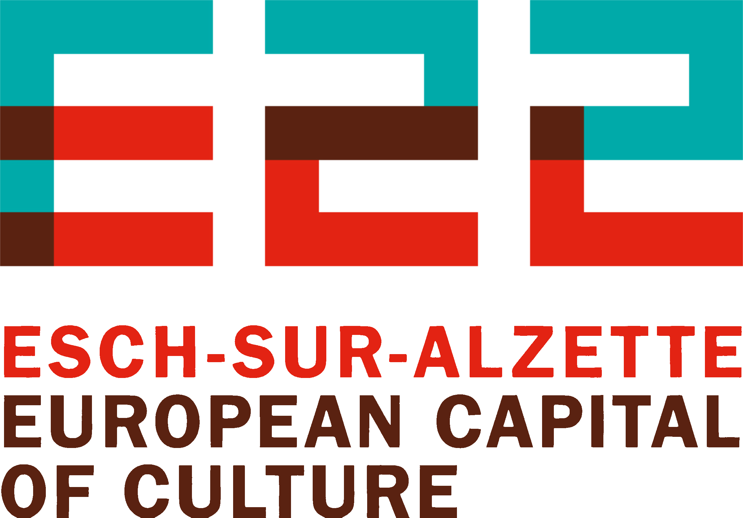 Logo of European Capital of Culture ECH, featuring a pixelated design in red, black, teal, and brown with text below reading "Esch-sur-Alzette European Capital of Culture."