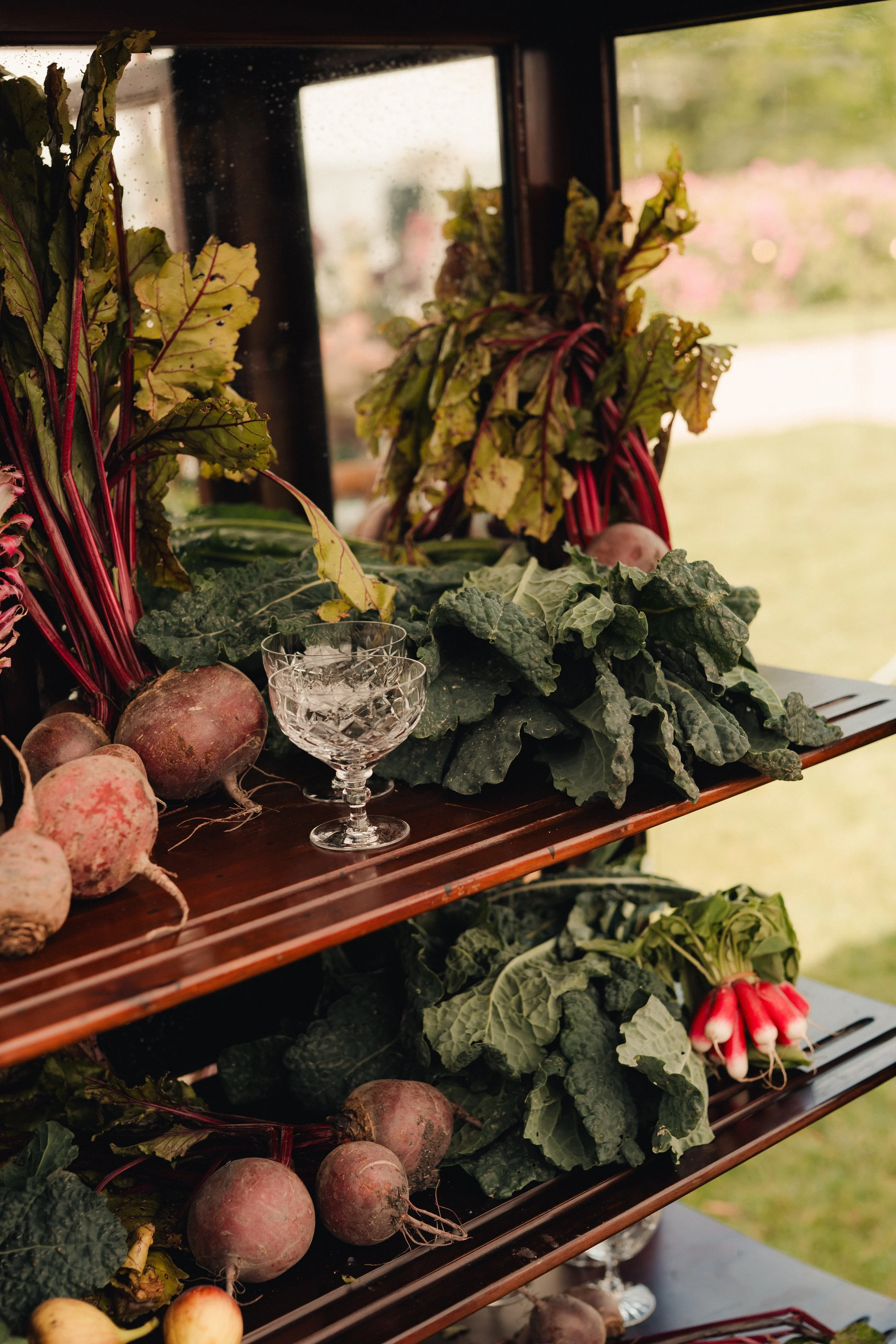 Display of fresh beets, kale, radishes, and other vegetables on wooden shelves, with a glass ornate bowl in the center, set in front of a window with an outdoor view.