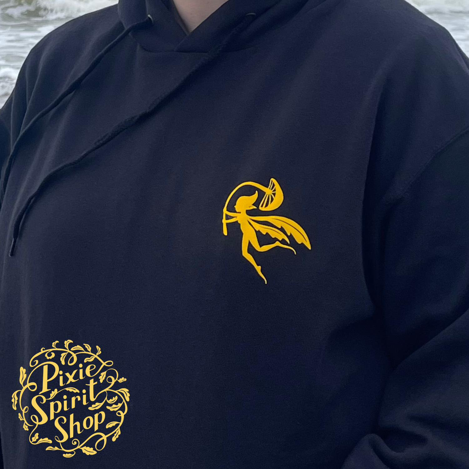 Copyright-Pixie-spirit-shop-hoodie-Black-women-Pixie-logo-yellow-front-2.png