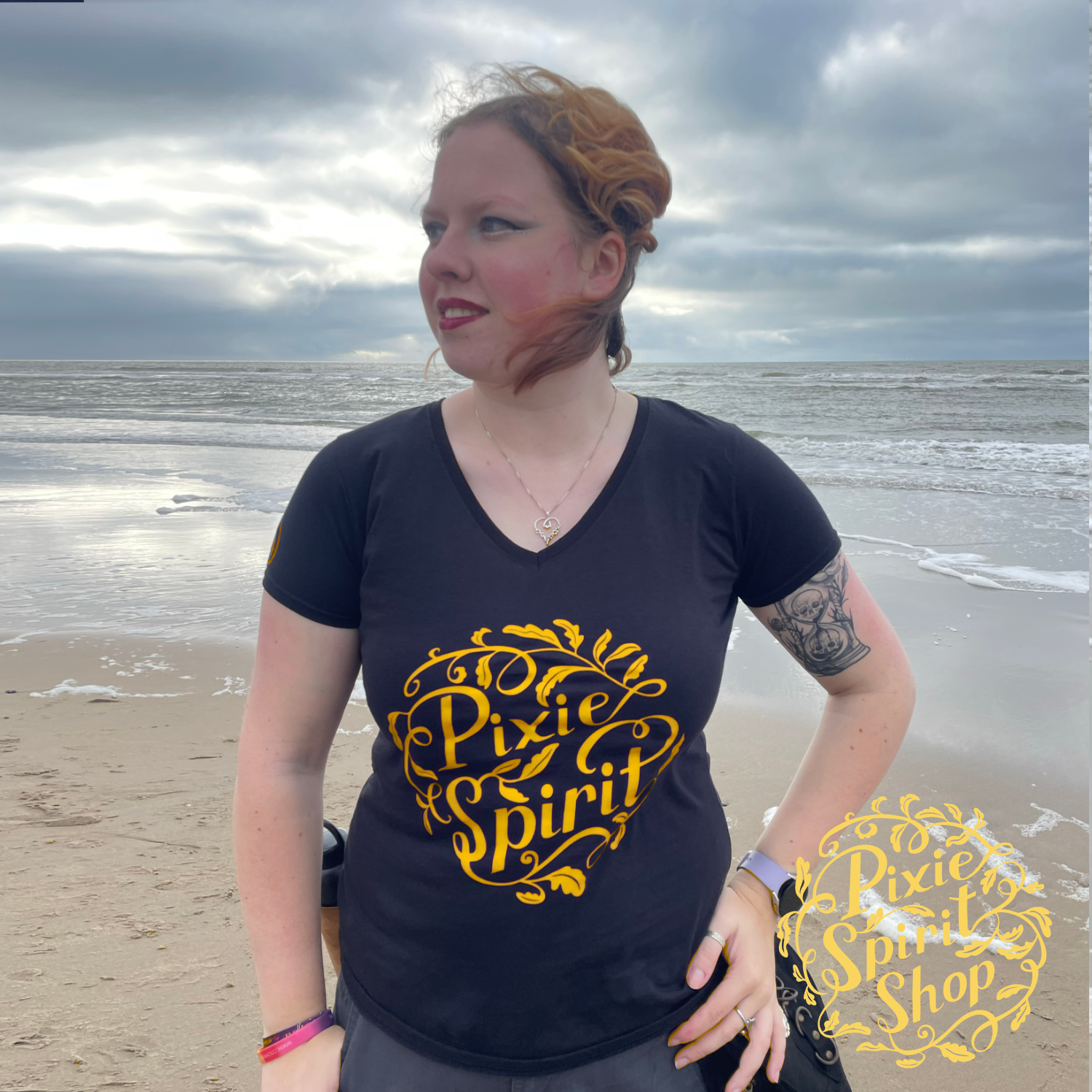 Copyright-Pixie-spirit-shop-T-shirt-women-Logo-chest-yellow-front.png