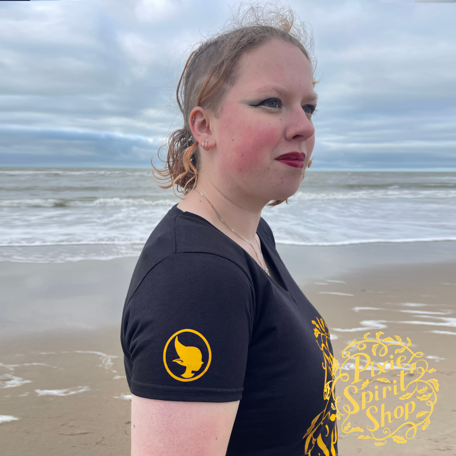 Copyright-Pixie-spirit-shop-T-shirt-women-Logo-chest-yellow-sleeve.png