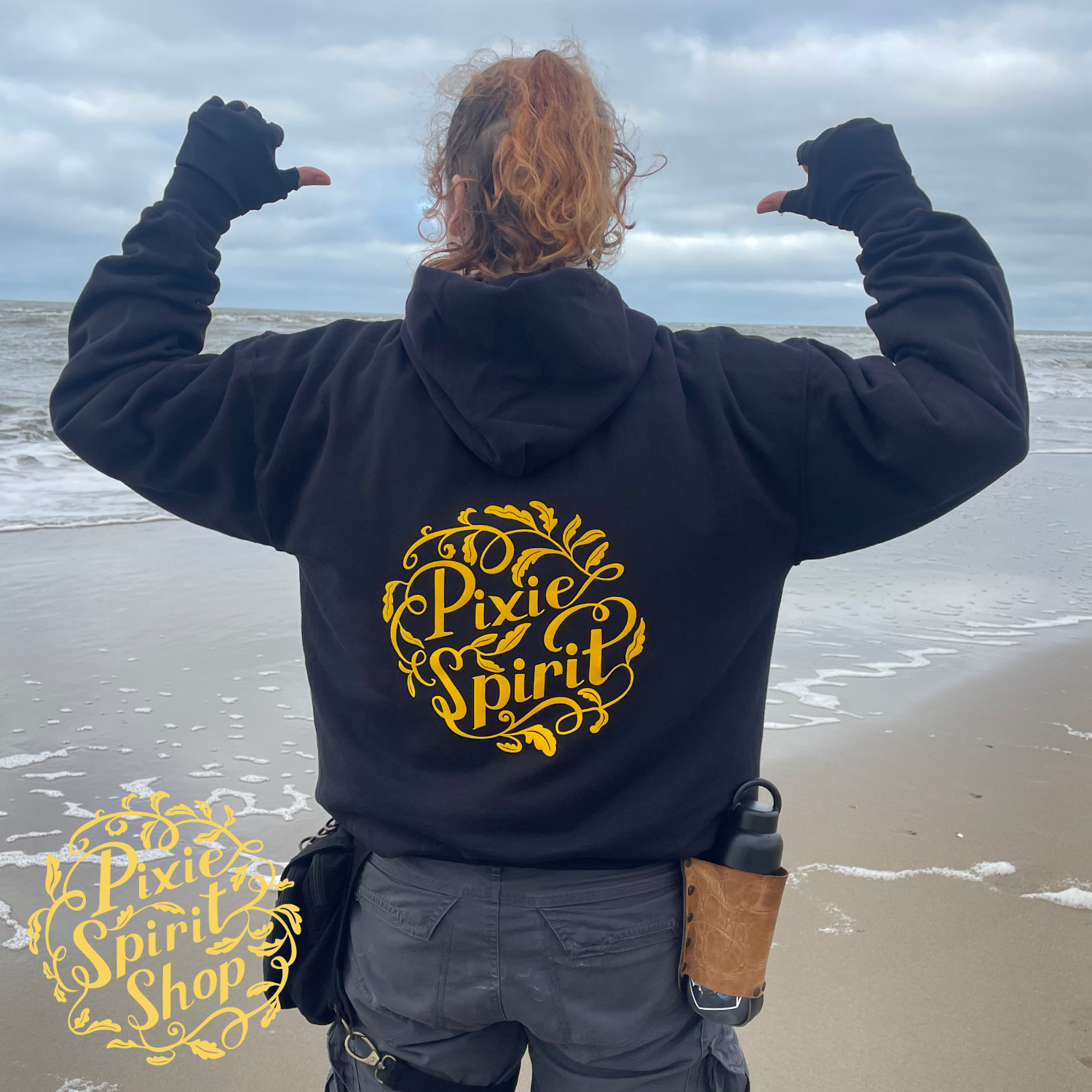 Copyright-Pixie-spirit-shop-hoodie-Black-women-Pixie-logo-yellow-Back.png