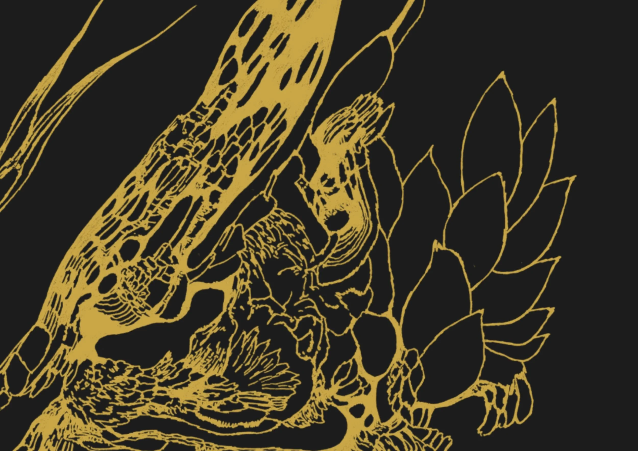 Detail view of Gold Obsession golden drawing – fine line artwork by Ivana Filkorova.