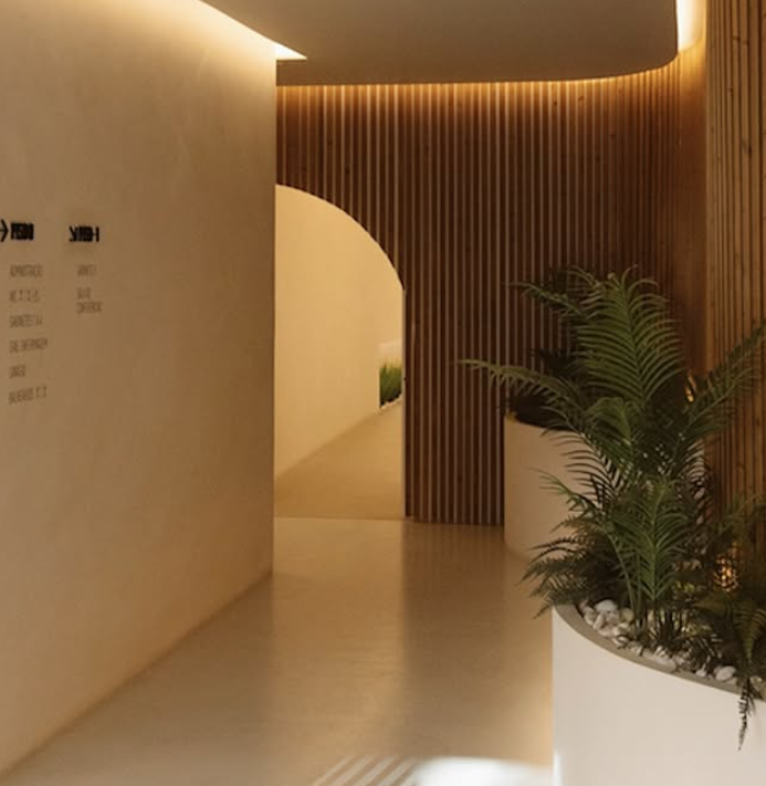 modern medical reception area with plants on the side