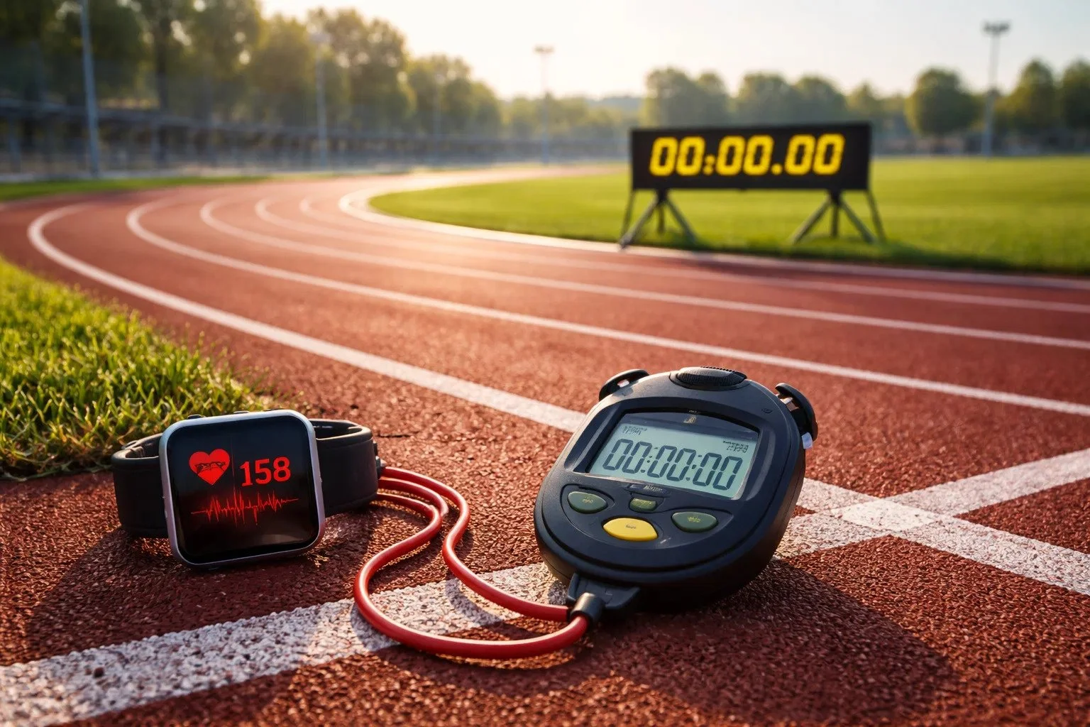 Atletiekbaan, hartslag meten en looptijd timen