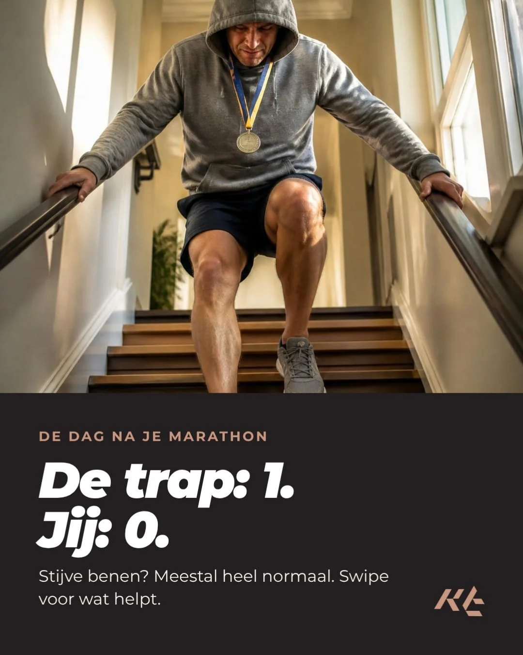 De dag na je marathon. De trap: 1 &ndash; jij: 0. 😅

Herkenbaar? Geen paniek, stijve benen zijn meestal heel normaal. Swipe voor wat helpt (en wat niet).

Op een schaal van 1 tot "achterwaarts de trap af": hoe stijf zijn jouw benen vandaag
