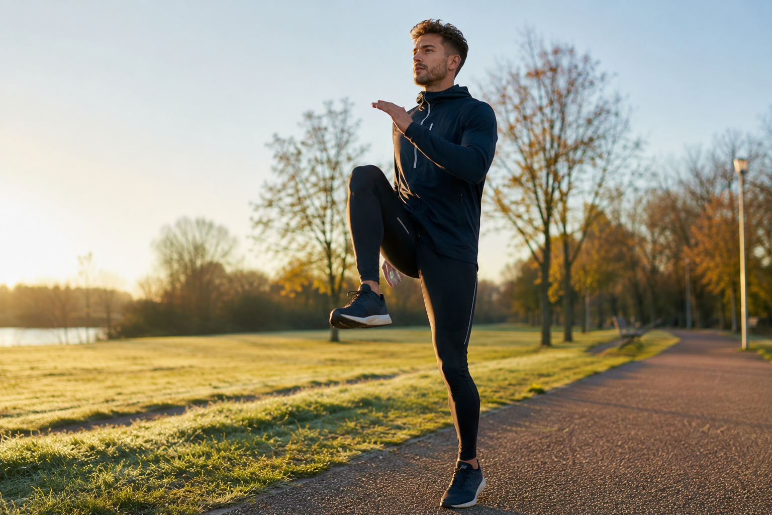 Hardloper doet dynamische warming-up oefeningen op een parkpad tijdens zonsopgang voorafgaand aan een hardloopsessie.