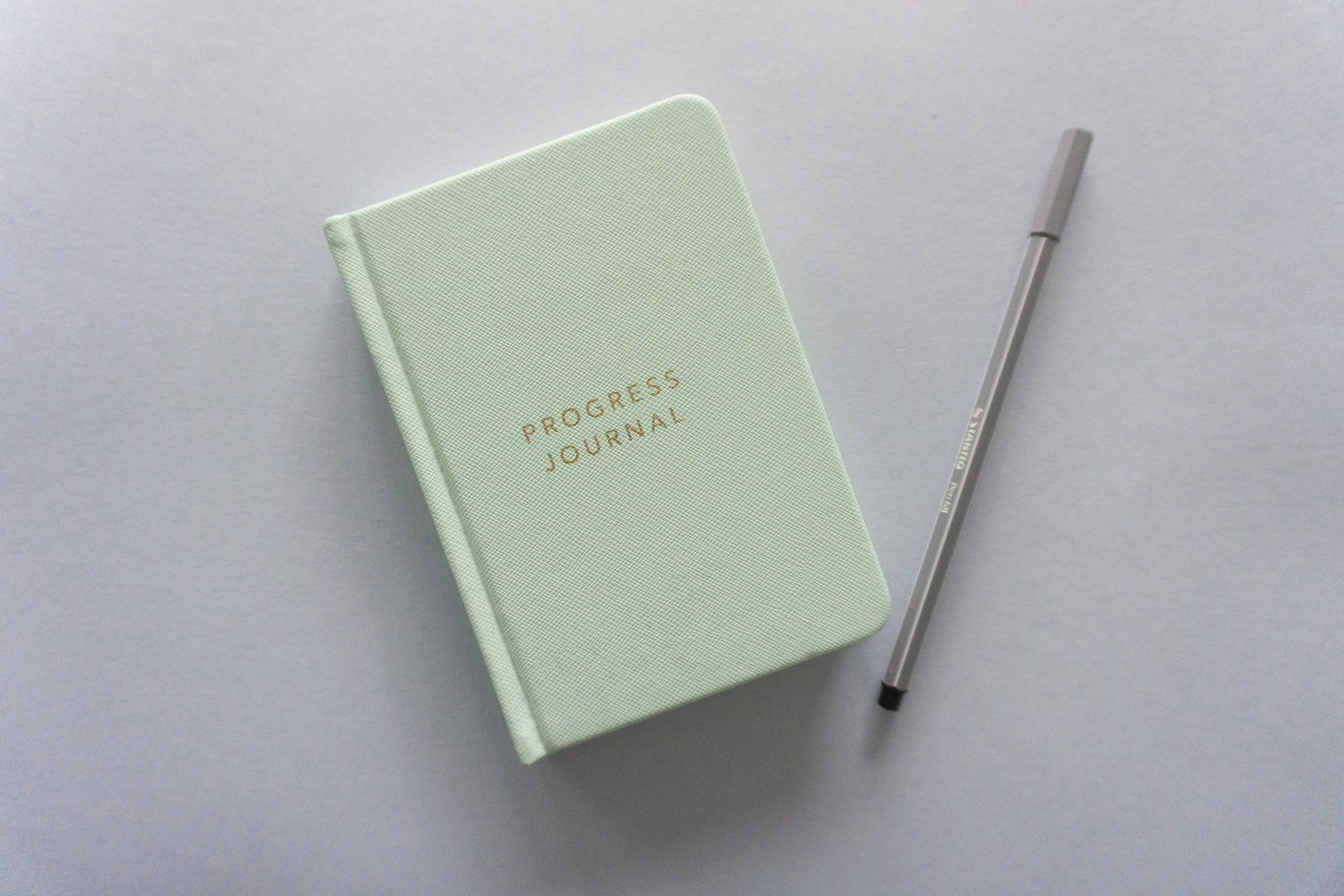 Your Coach Terri LLC website. A mint green journal with gold lettering that reads 'Progress Journal' and a gray pen on a light gray surface.