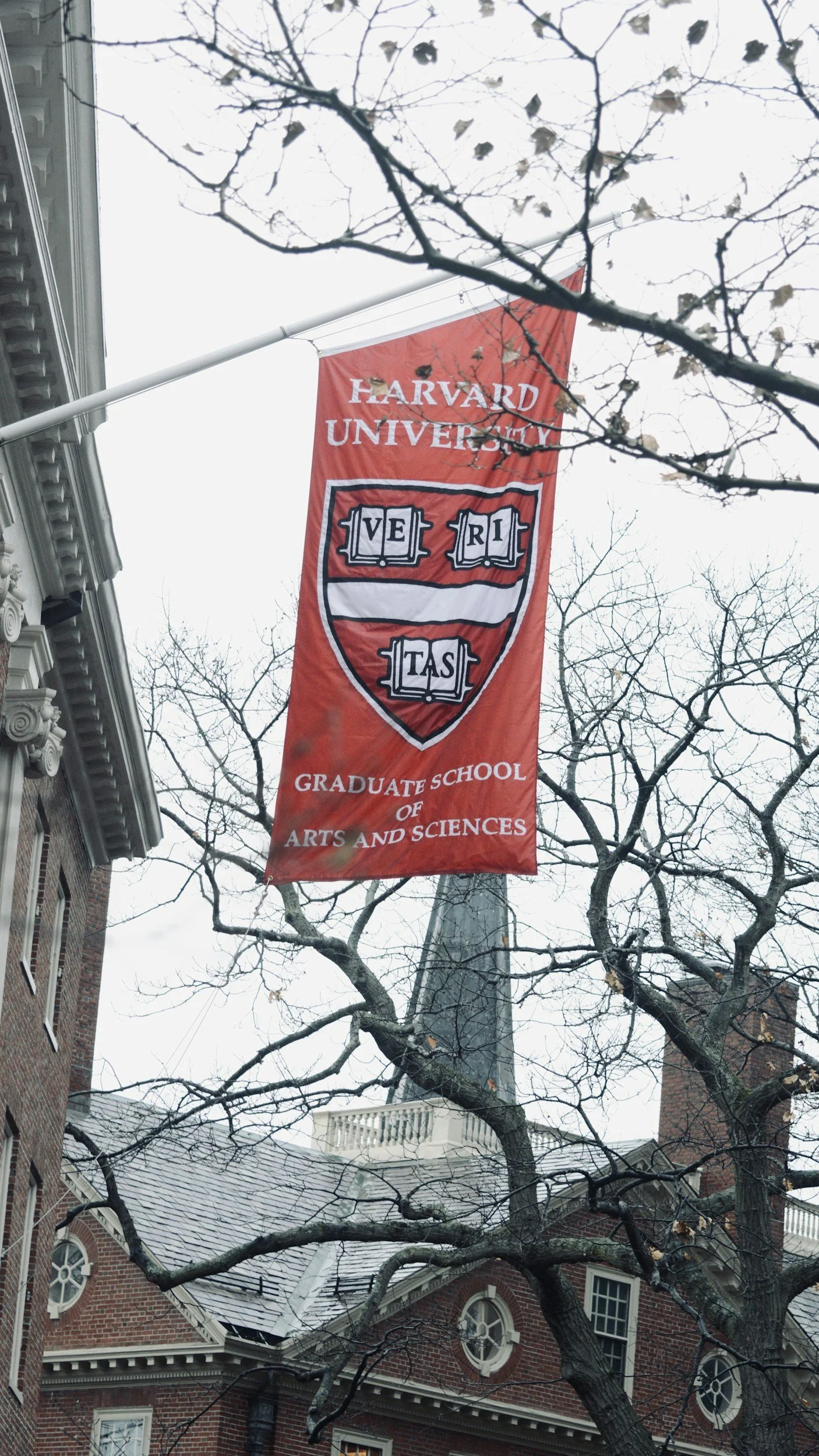 Red banner hanging on a pole with the Harvard University emblem and text reading 'Harvard University Graduate School of Arts and Sciences' against a background of leafless trees and old brick buildings.