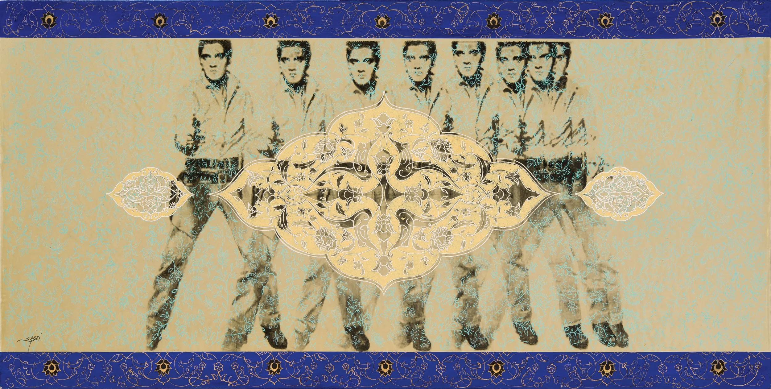 Eight Elvis (2013), 76 x 153 cm, Acrylic and Gouache and ink on Canvas 