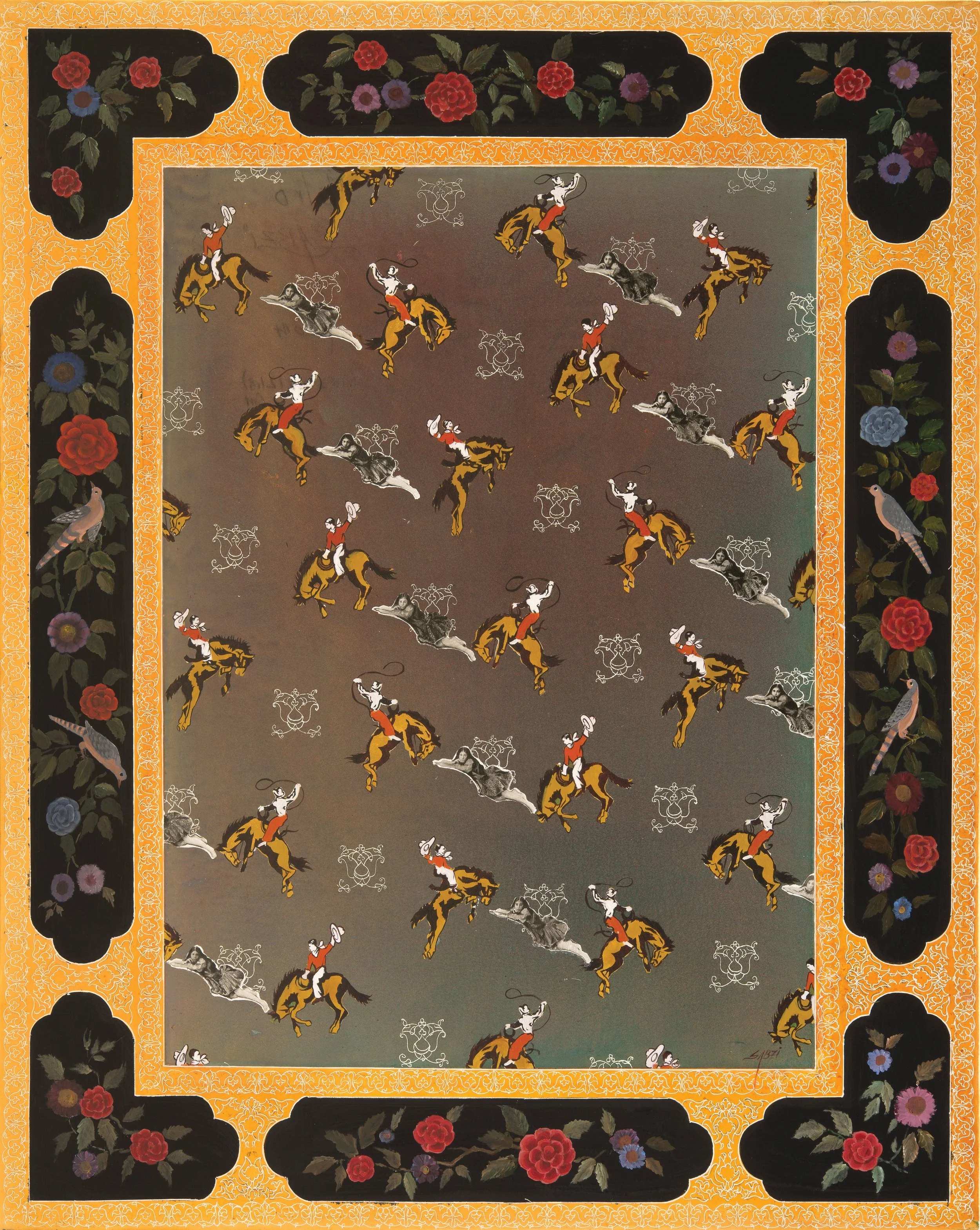 Flower and Bird and Cowboy (2014), 153 x 122 cm, Gouache and ink on Canvas