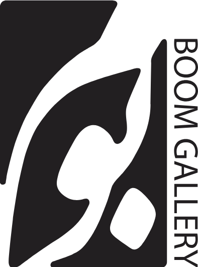 Black and white logo with abstract geometric shapes and the text 'BOOM GALLERY' written vertically.